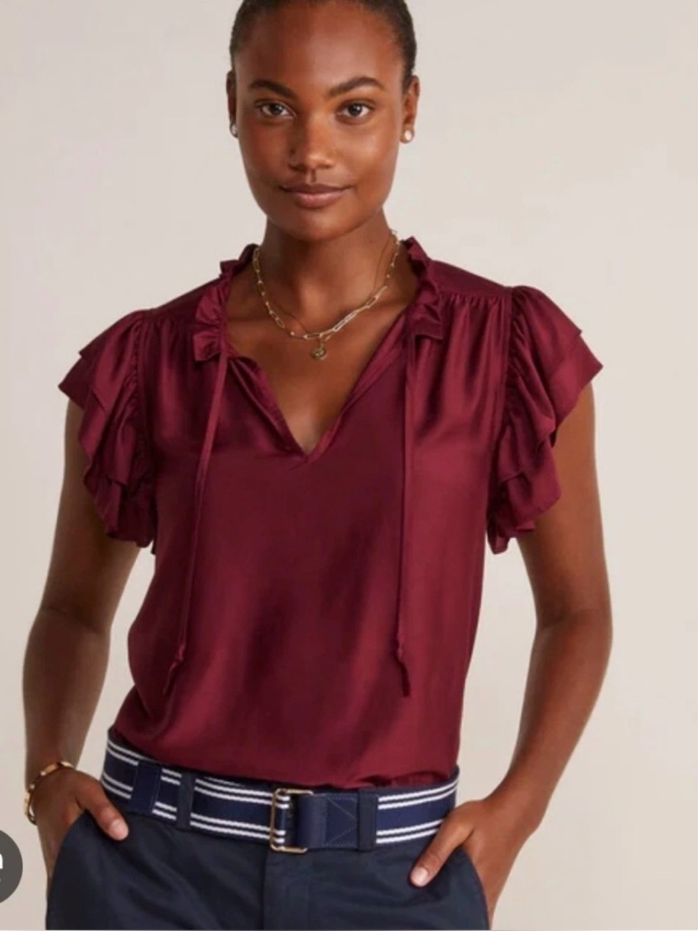 Vineyard Vines Women’s Silk Cupro Ruffle Neck Blouse Top Burgundy Size Large EUC